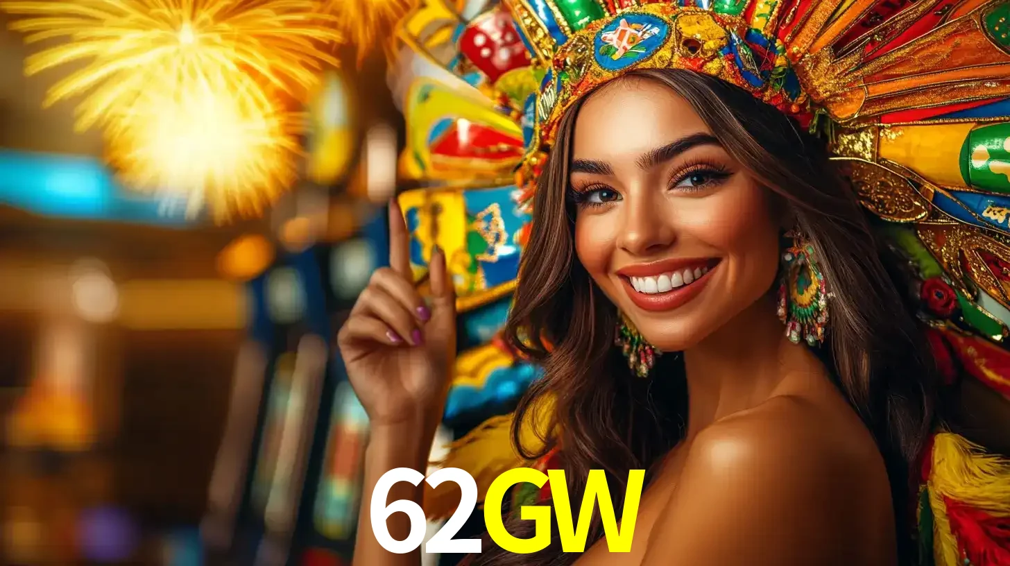 Mulher sorridente com um cocar de carnaval vibrante e colorido, celebrando uma grande vitória nos jogos do cassino 62GW com fogos de artifício ao fundo.