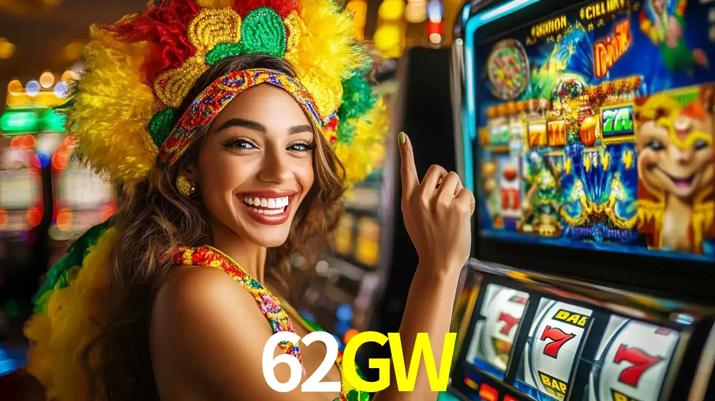 Mulher animada com um cocar de carnaval apontando para uma máquina de caça-níqueis, mostrando a emoção de ganhar um grande prêmio nos jogos do 62GW.
