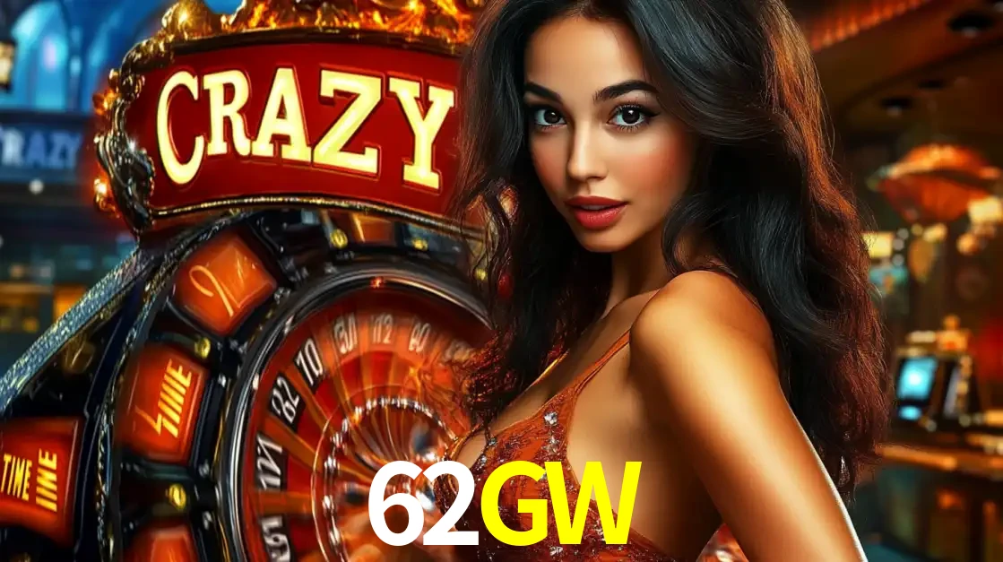 Mulher glamourosa olhando para a câmera com a roda vermelha do Crazy Time ao fundo em um ambiente de cassino, destacando a emoção dos jogos ao vivo no 62GW.