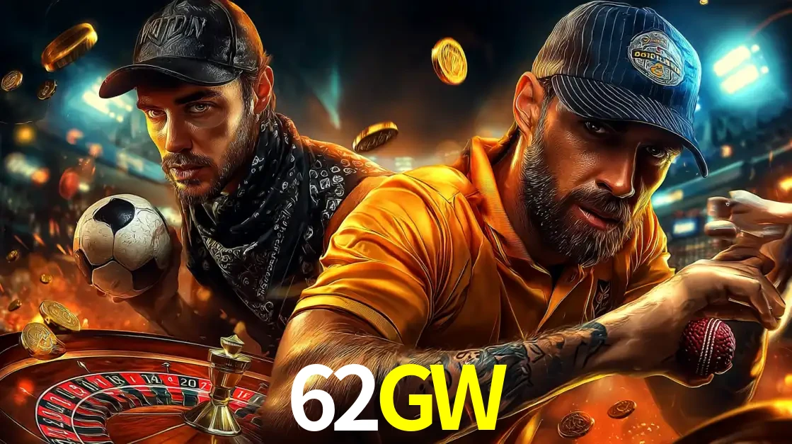 Montagem de apostas esportivas e cassino no 62GW, com um homem segurando uma bola de futebol e outro uma de beisebol sobre uma roleta e moedas voadoras.