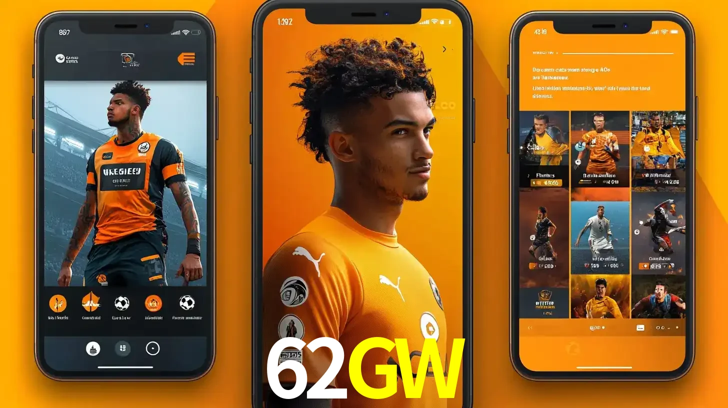 Interface do aplicativo de apostas esportivas 62GW em três telas de celular, mostrando o perfil de um jogador de futebol e a lista de jogos disponíveis para apostar.