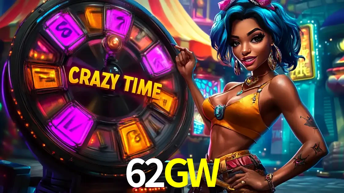 Mulher estilizada com cabelo azul e visual vibrante posando ao lado da roda de prêmios do game show Crazy Time, convidando para a diversão e os bônus do cassino 62GW.