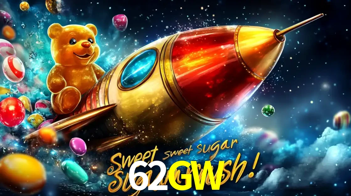 Arte promocional do jogo de slot Sugar Rush, com um urso de pelúcia em um foguete viajando pelo espaço de doces, um dos jogos divertidos disponíveis no cassino 62GW.