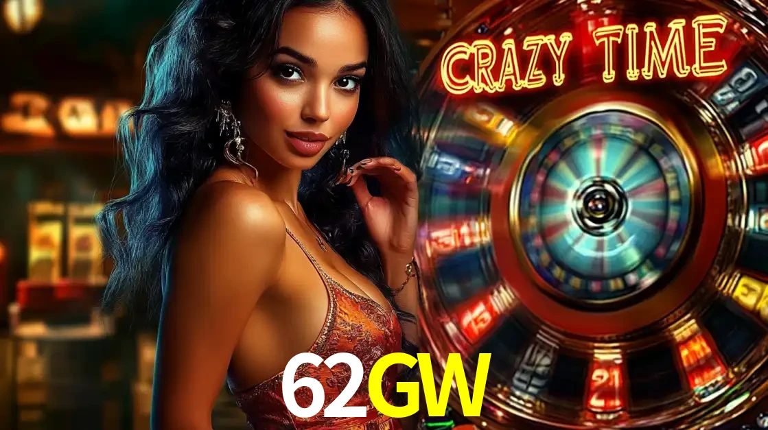Mulher elegante ao lado da vibrante roda da fortuna do jogo de cassino ao vivo Crazy Time, um dos game shows mais populares e cheios de prêmios do 62GW.