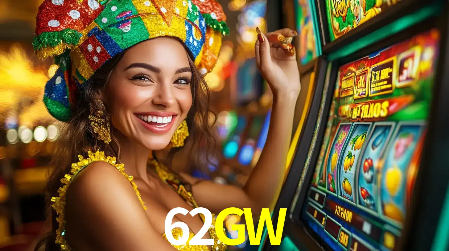 Mulher feliz com traje de carnaval amarelo e colorido ao lado de uma máquina de caça-níqueis, aproveitando a diversão e os jogos temáticos do cassino 62GW.