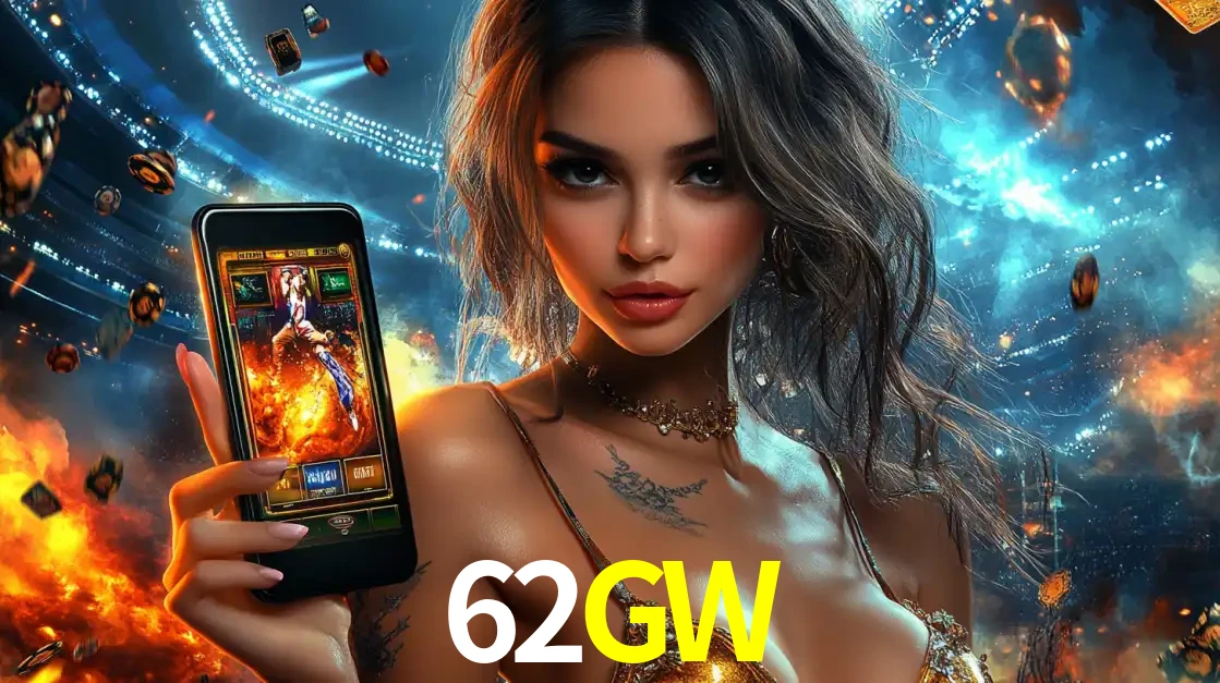 Mulher segurando um celular com um jogo de slot em destaque, tendo como fundo um estádio vibrante, simbolizando a emoção de jogar no cassino móvel 62GW.