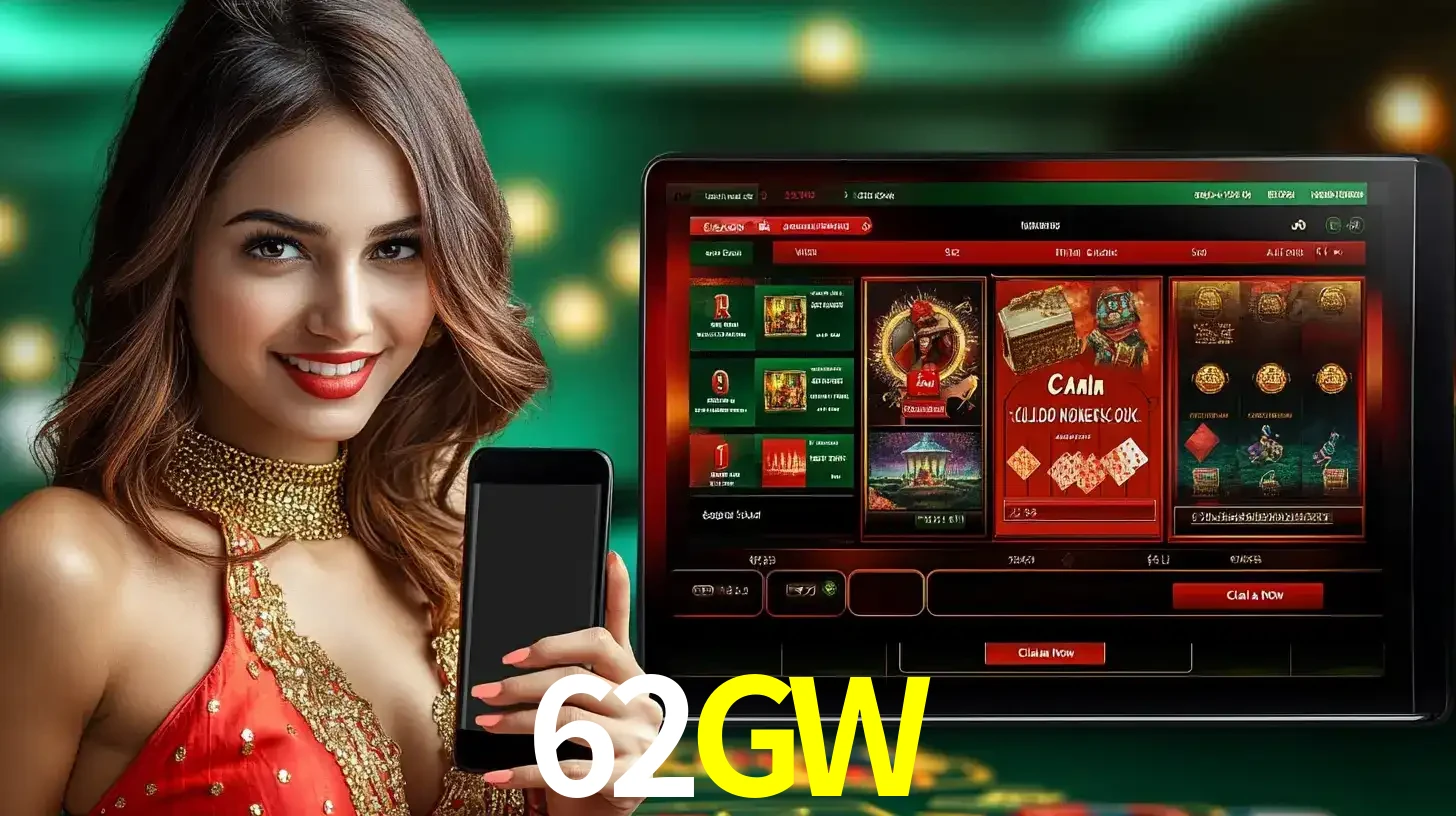 Mulher sorridente segurando um smartphone, ao lado de uma tela exibindo o lobby de jogos do cassino online 62GW, com várias opções de jogos de cartas e slots.